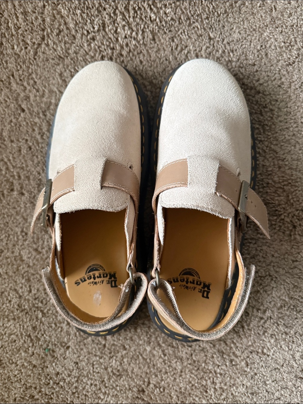 Dr. Martens Beige Suede Buckle Slide Ons
